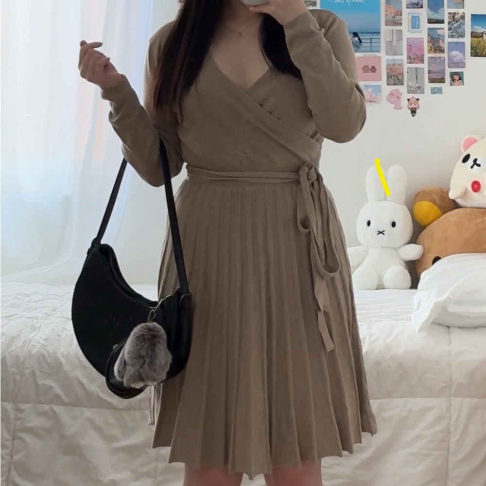 Beige long-sleeve wrap holiday dress